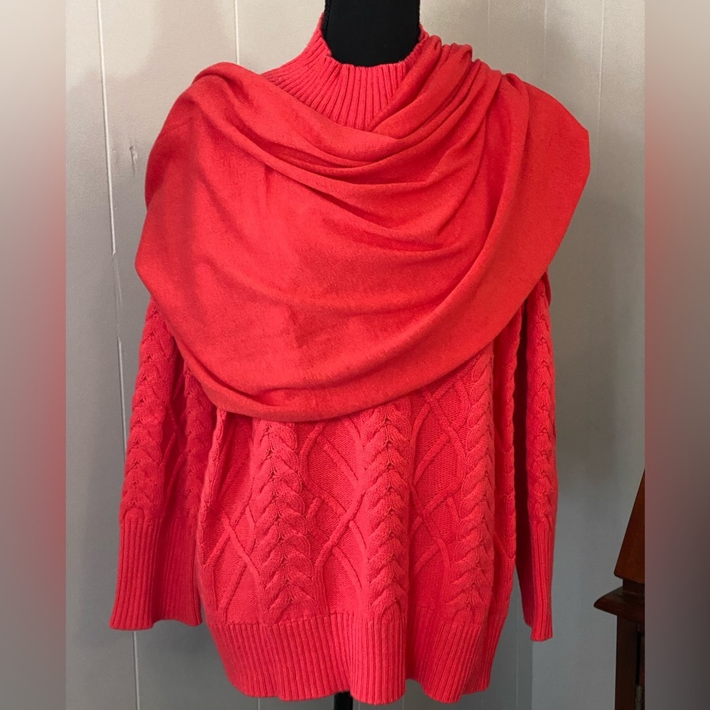 Talbots hot pink cable knit funnel neck sweater and matching wrap 2X Petite